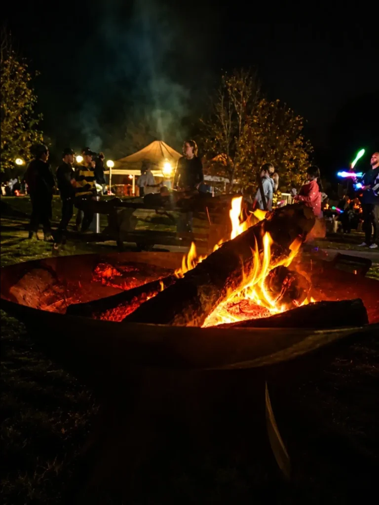 People enjoying a bonfire at night during a cozy outdoor gathering.