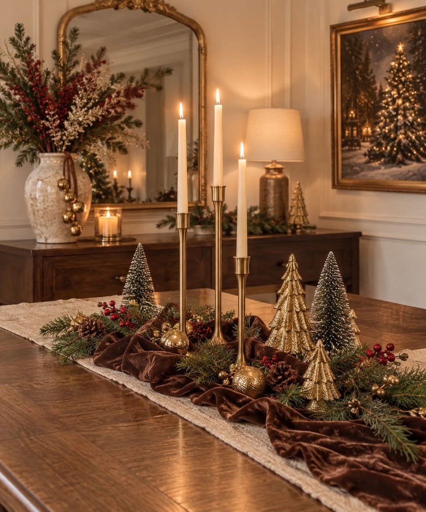 Elegant Christmas table centerpiece with candles, gold trees, and festive decorations.