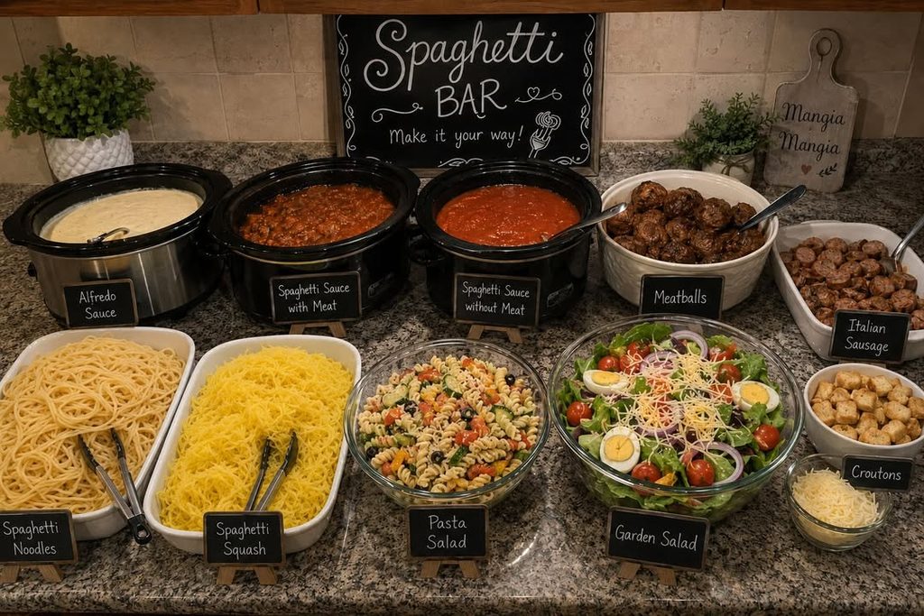Variety of pasta, salad, and meat dishes at a Friendsgiving celebration.