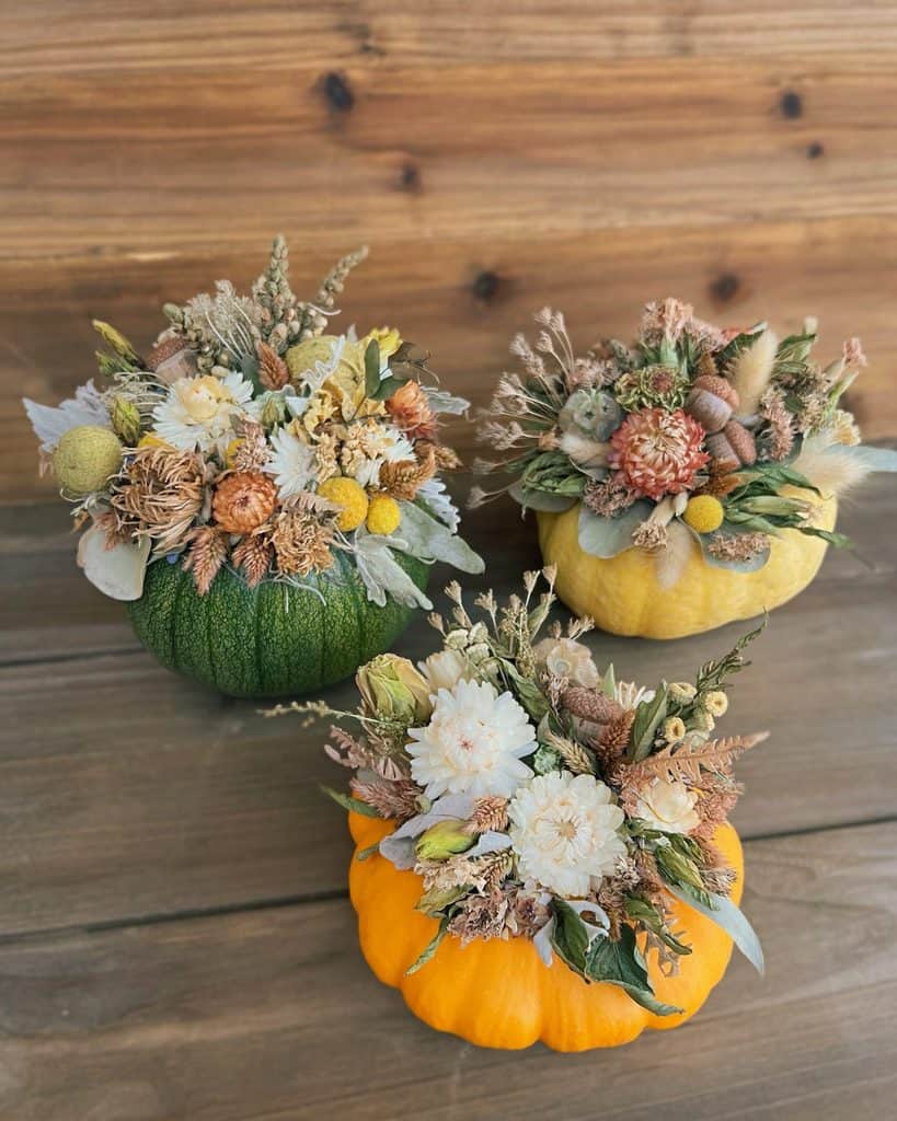 Fall floral arrangements in pumpkins for a cozy autumn gathering.