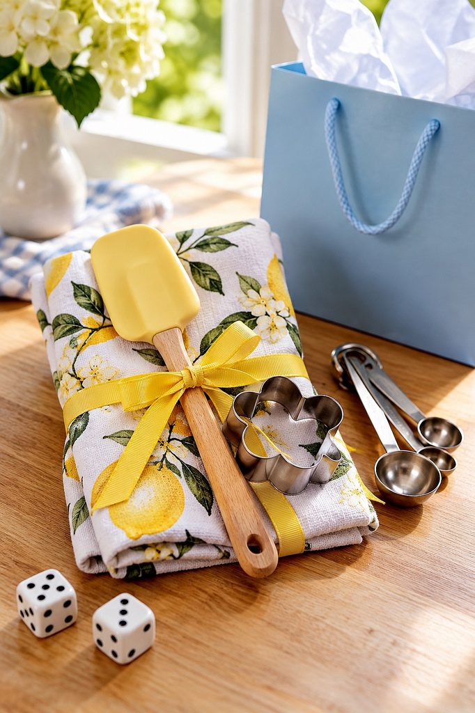 Bunco game night setup with lemon-themed towel, rolling pin, and game pieces.