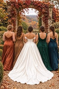 Elegant bridesmaids in fall-colored dresses with a bride in a white gown outdoors.