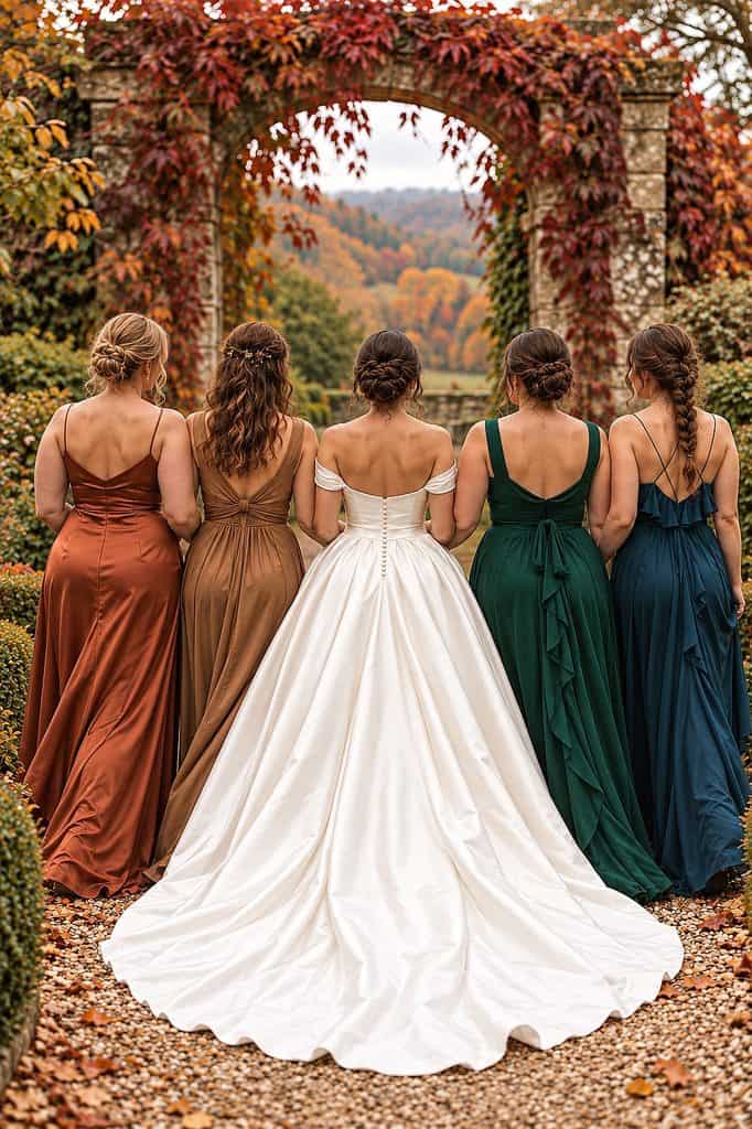 Elegant bridesmaids in fall-colored dresses with a bride in a white gown outdoors.