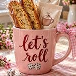 Bunco-themed mug with biscotti, coffee packets, and dice for game night.