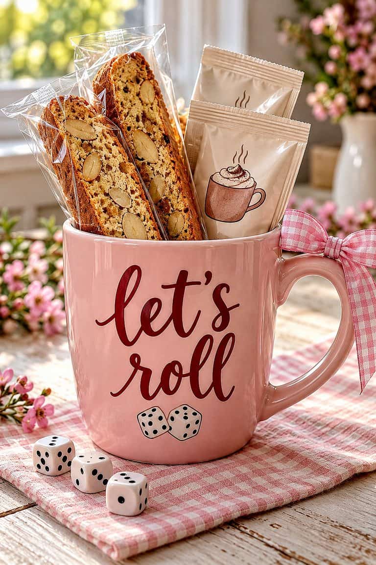 Bunco-themed mug with biscotti, coffee packets, and dice for game night.