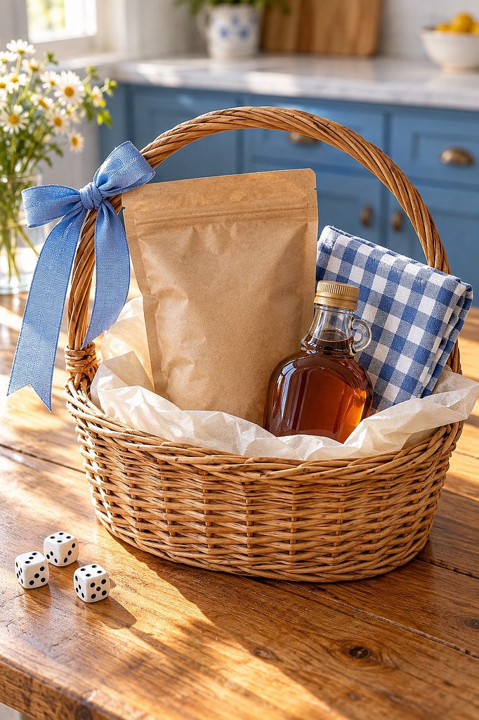 Gift basket with brown paper bag, syrup, blue checkered cloth, and daisies on a wooden table.
