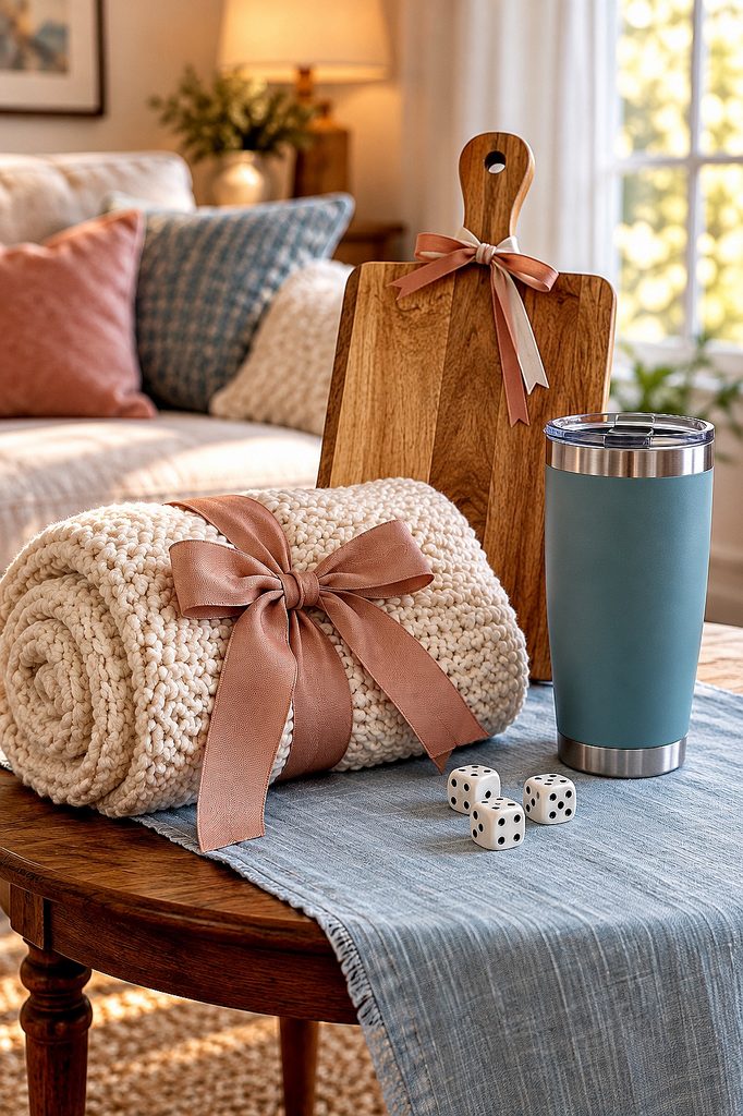 Cozy home decor with rolled blanket, cutting board, travel mug, and dice on table.