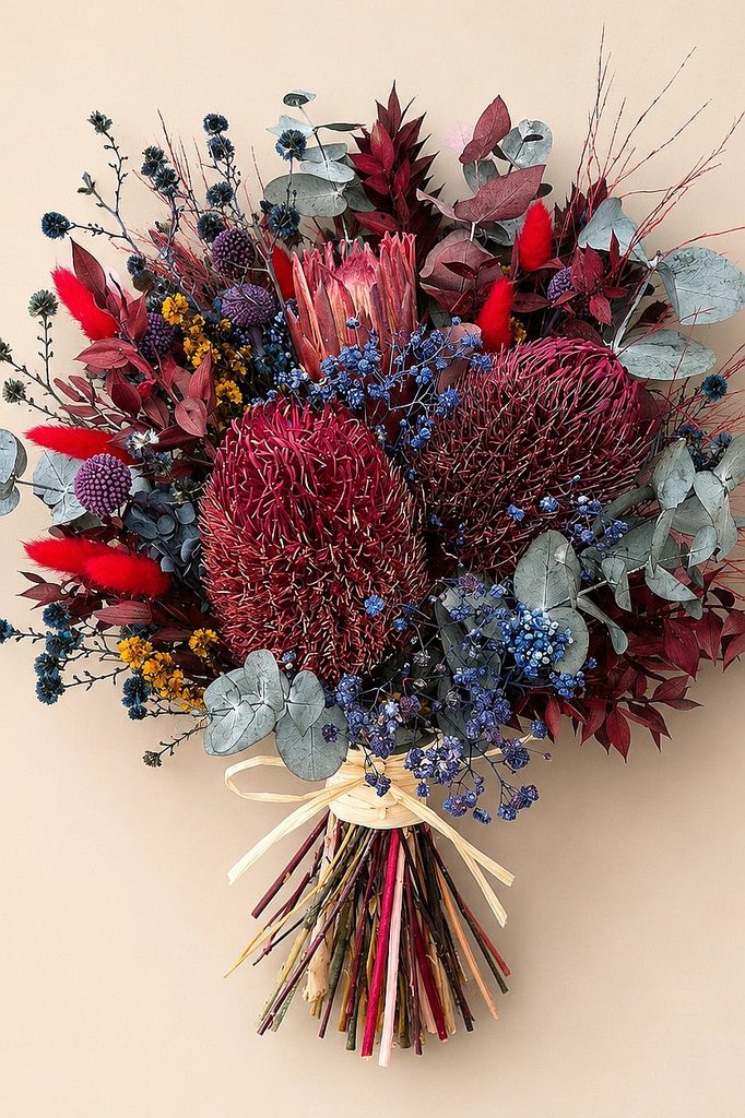 Elegant winter wedding bouquet with red, purple, and blue flowers and foliage.