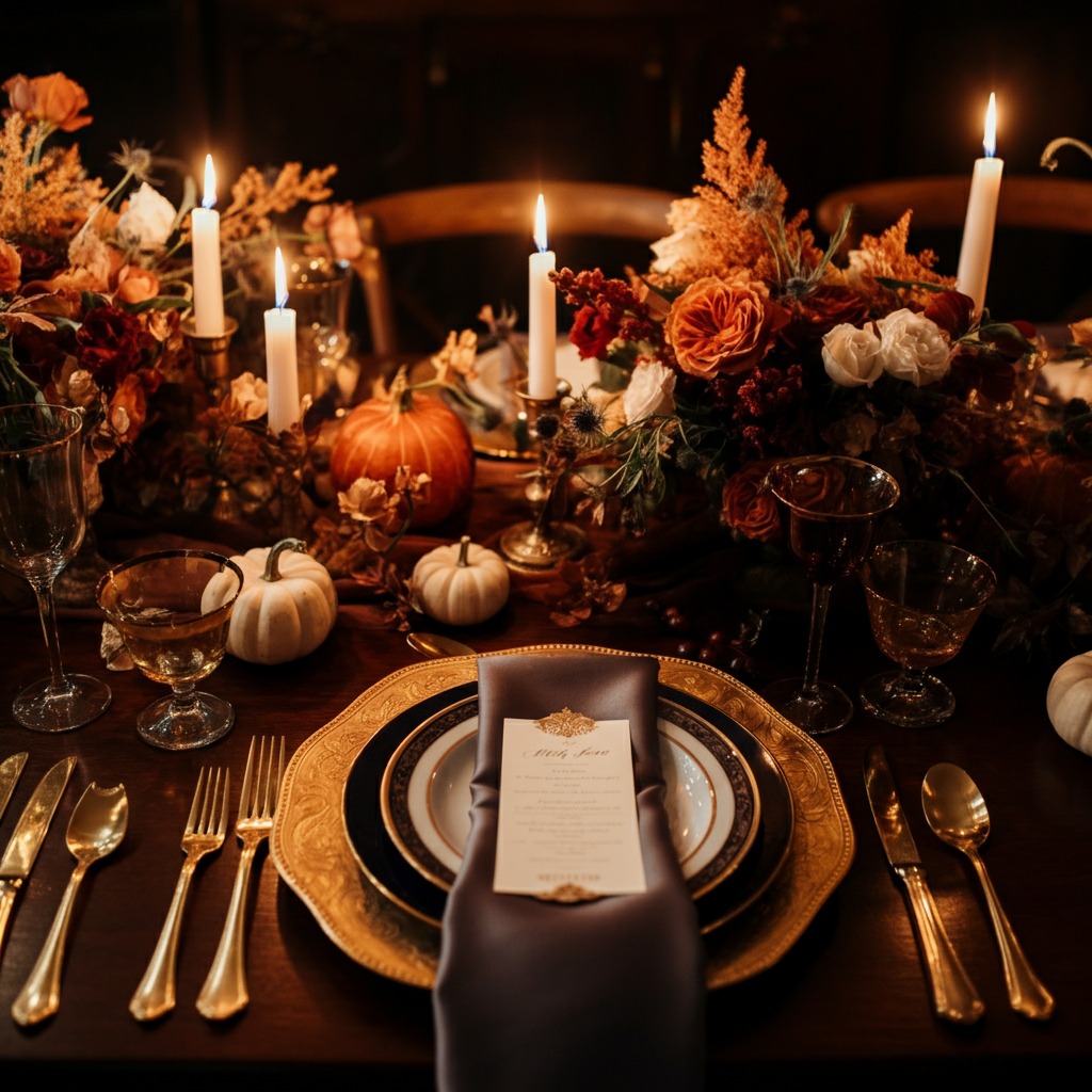 Elegant fall wedding table setting with candles, pumpkins, and floral arrangements.