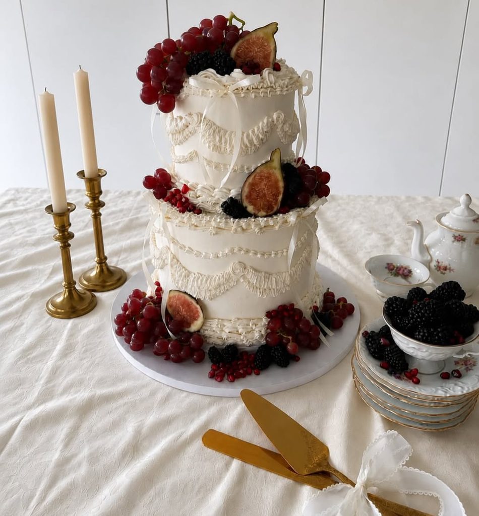 Elegant wedding cake with fresh berries and figs on a white table with candles and tea set.
