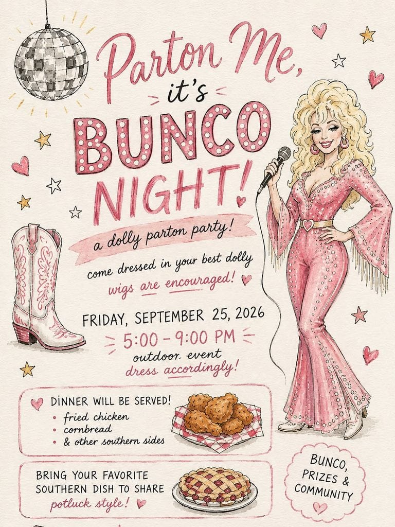 Pink Dolly Parton-themed Bunco Night invitation with a woman in a pink dress and cowboy boot.