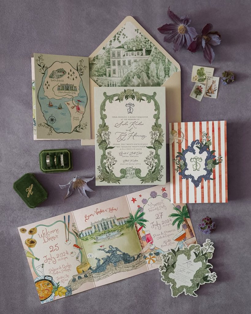Vintage wedding invitation suite with floral and tropical designs on gray background.