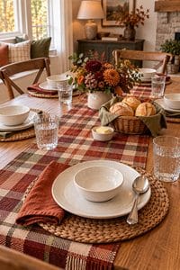 Cozy fall or winter dining table with floral centerpiece, bread basket, and place settings.