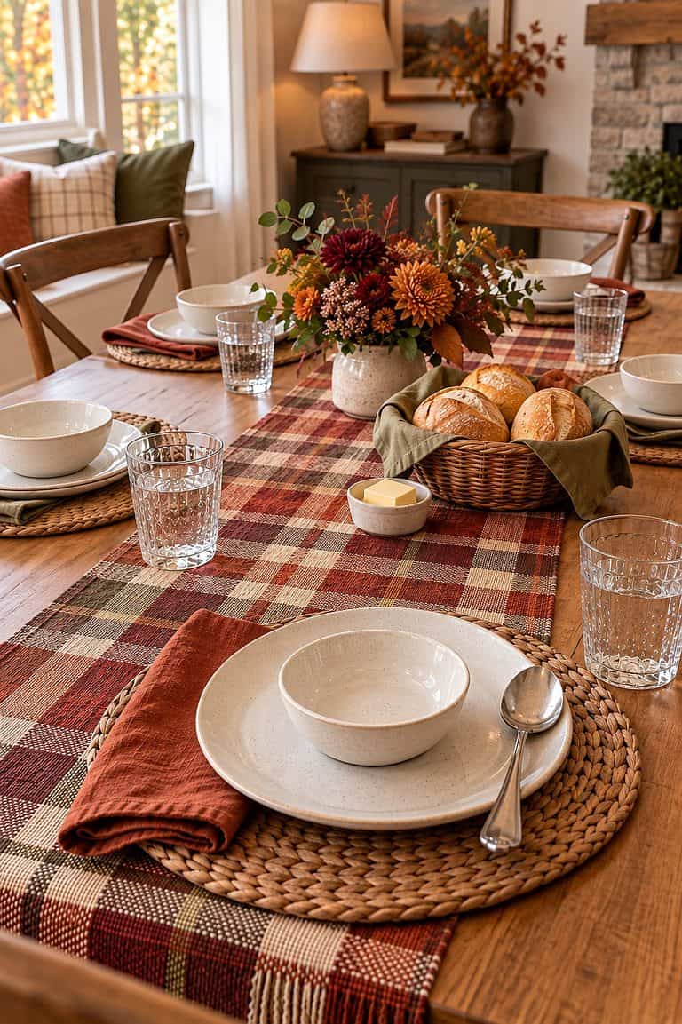 Cozy fall or winter dining table with floral centerpiece, bread basket, and place settings.