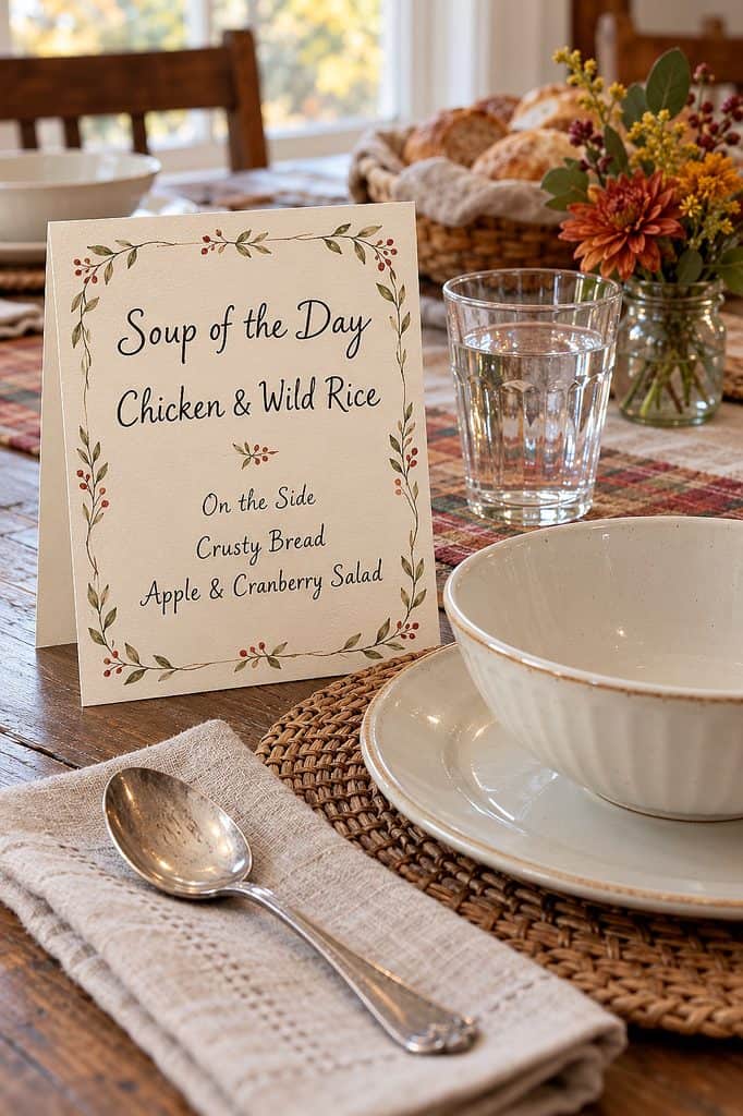 Soup of the Day sign with chicken and wild rice, cozy fall table setting with bread and flowers.